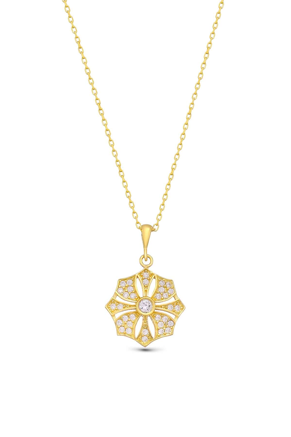 Ortası Taşlı 925 Ayar Gümüş Rüzgar Gülü Çiçekli Kolye - ÖzelSen