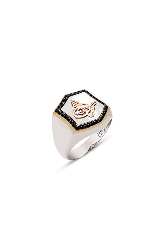 Osmanlı Tuğralı Yüzük Erkek Zirkon ve Sedef Taşlı - ÖzelSen