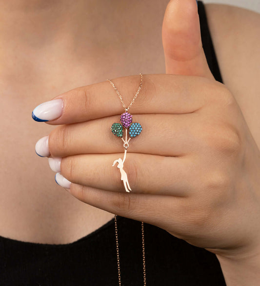 ÖzelSen 925 Ayar Gümüş Renkli Taşlı Uçan Balon Minimal Kolye - ÖzelSen