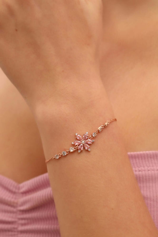 Pembe Zirkon Taşlı 925 Ayar Gümüş Yonca Bileklik - ÖzelSen