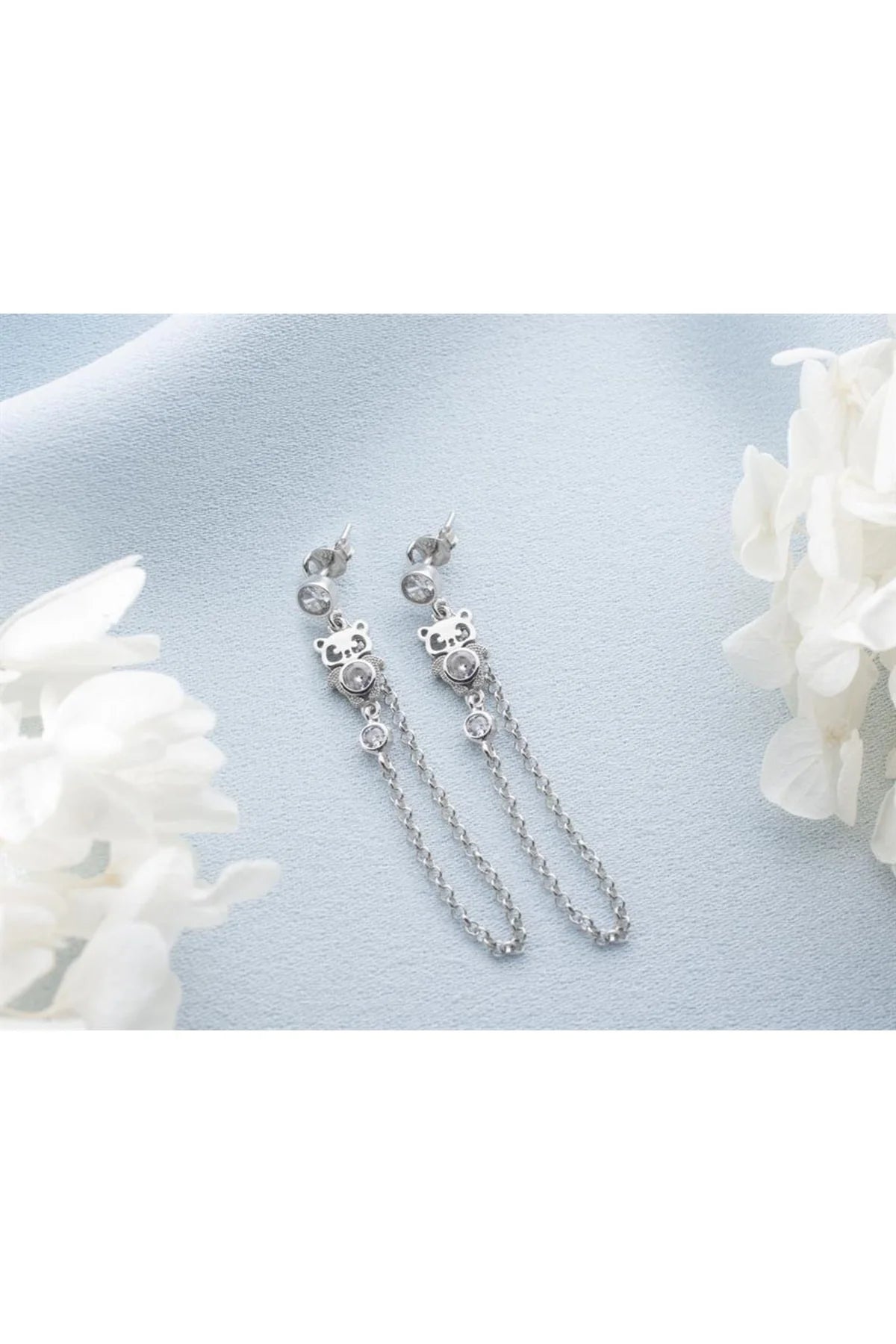 Sallantılı Panda 925 Ayar Rose Kaplama Gümüş Küpe