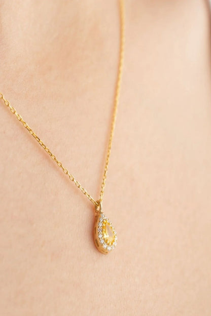 Kasım Ayı Doğum Taşı (Citrine) Damla 925 Ayar Altın Kaplama Gümüş Kolye