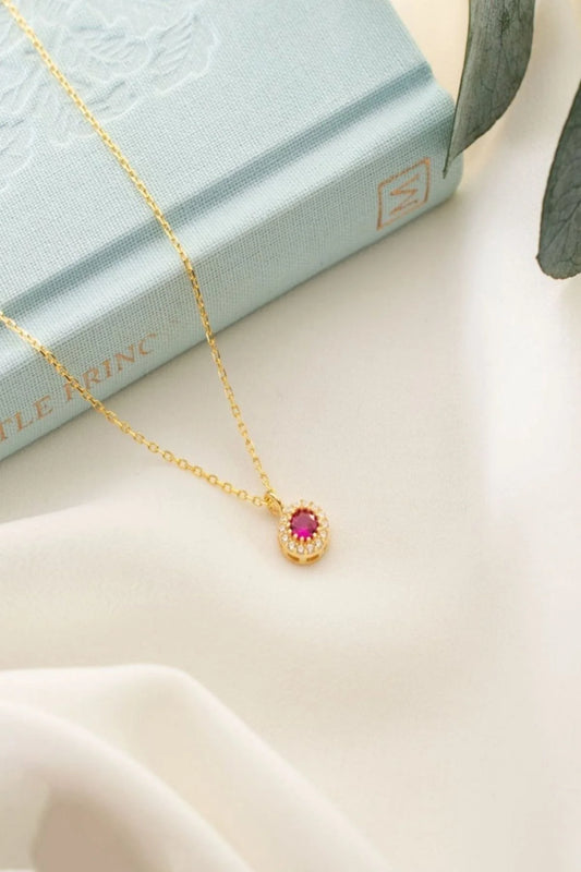 Temmuz Ayı Doğum Taşı (Ruby) 925 Ayar Altın Kaplama Gümüş Kolye