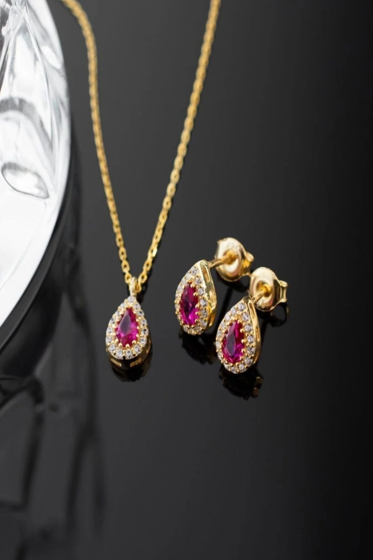 Temmuz Ayı Doğum Taşı (Ruby) 925 Ayar Altın Kaplama Gümüş Set