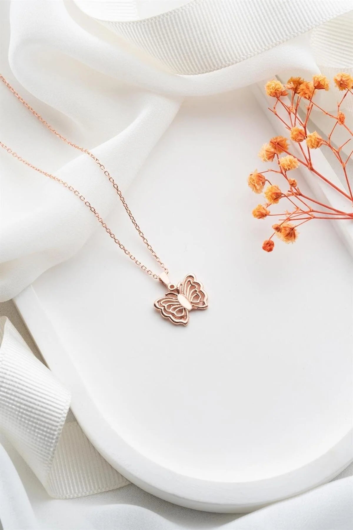 Kelebek 925 Ayar Rose Kaplama Gümüş Kolye – 3
