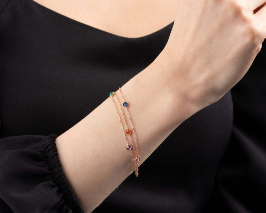 Renkli Taşlı Üç Zincirlik 925 Ayar Gümüş Bileklik - ÖzelSen