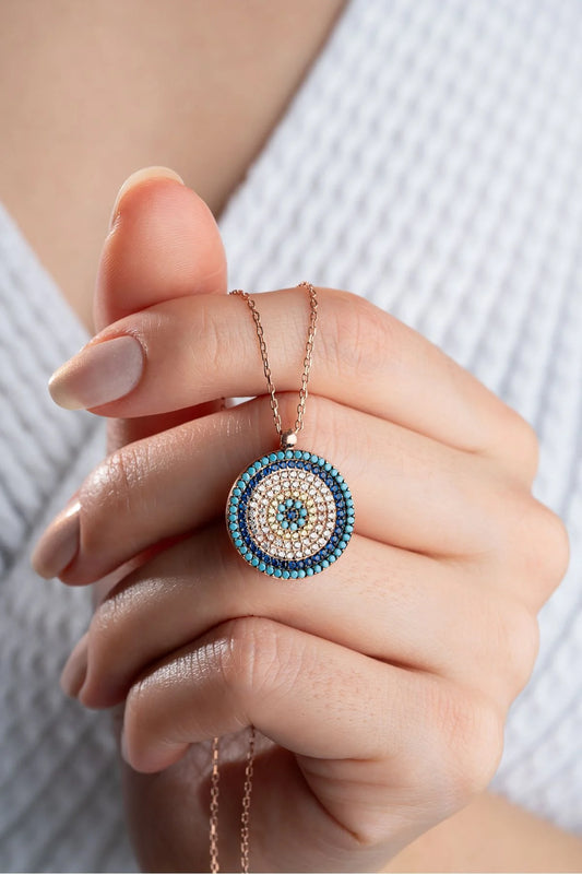 Zirkon Taşlı Nazarlı 925 Ayar Rose Kaplama Gümüş Kolye