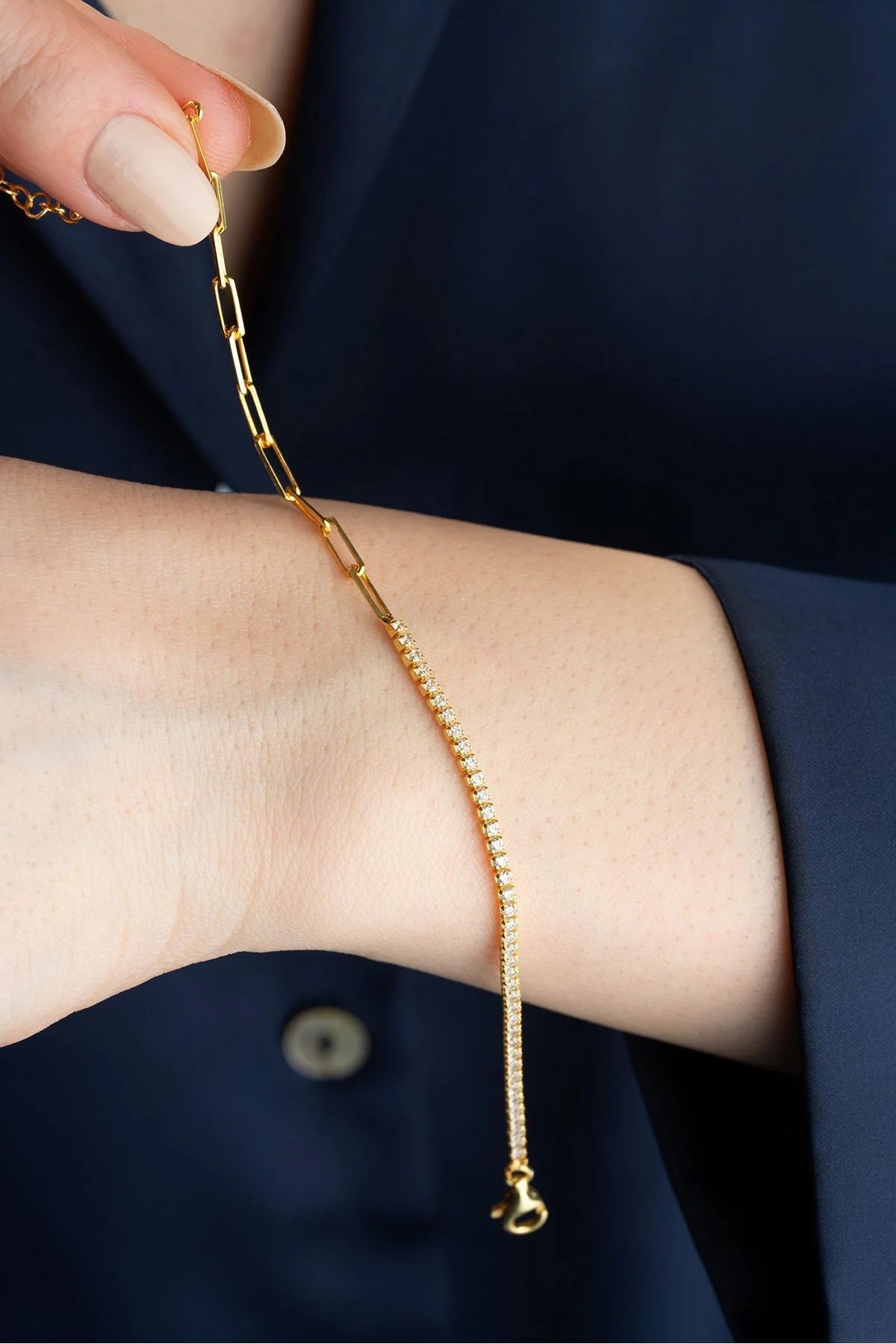 Row Stone-set Chain 925 K Gold Plated Silver Bracelet