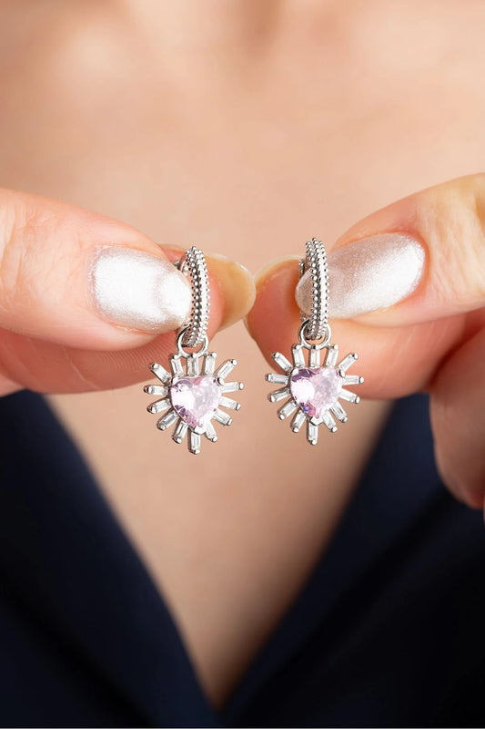 Baget Taşlı Kalp 925 Ayar Rose Kaplama Gümüş Küpe