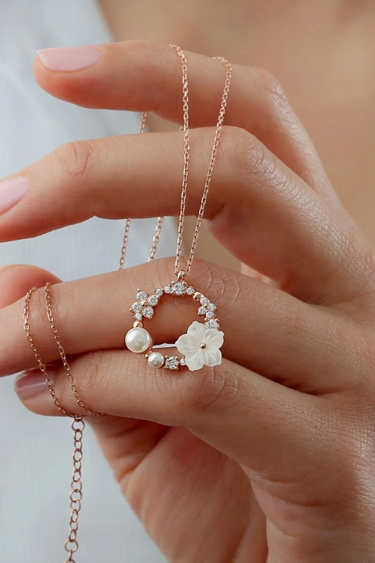 Sedefli Gül 925 Ayar Rose Kaplama Gümüş Kolye