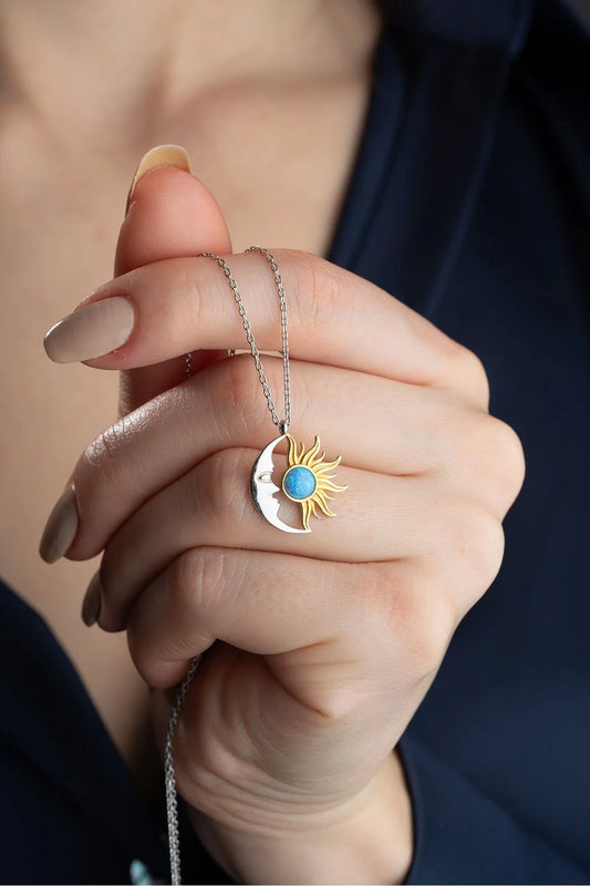 Opal Taşlı Ay Ve Güneş 925 Ayar Gümüş Kolye