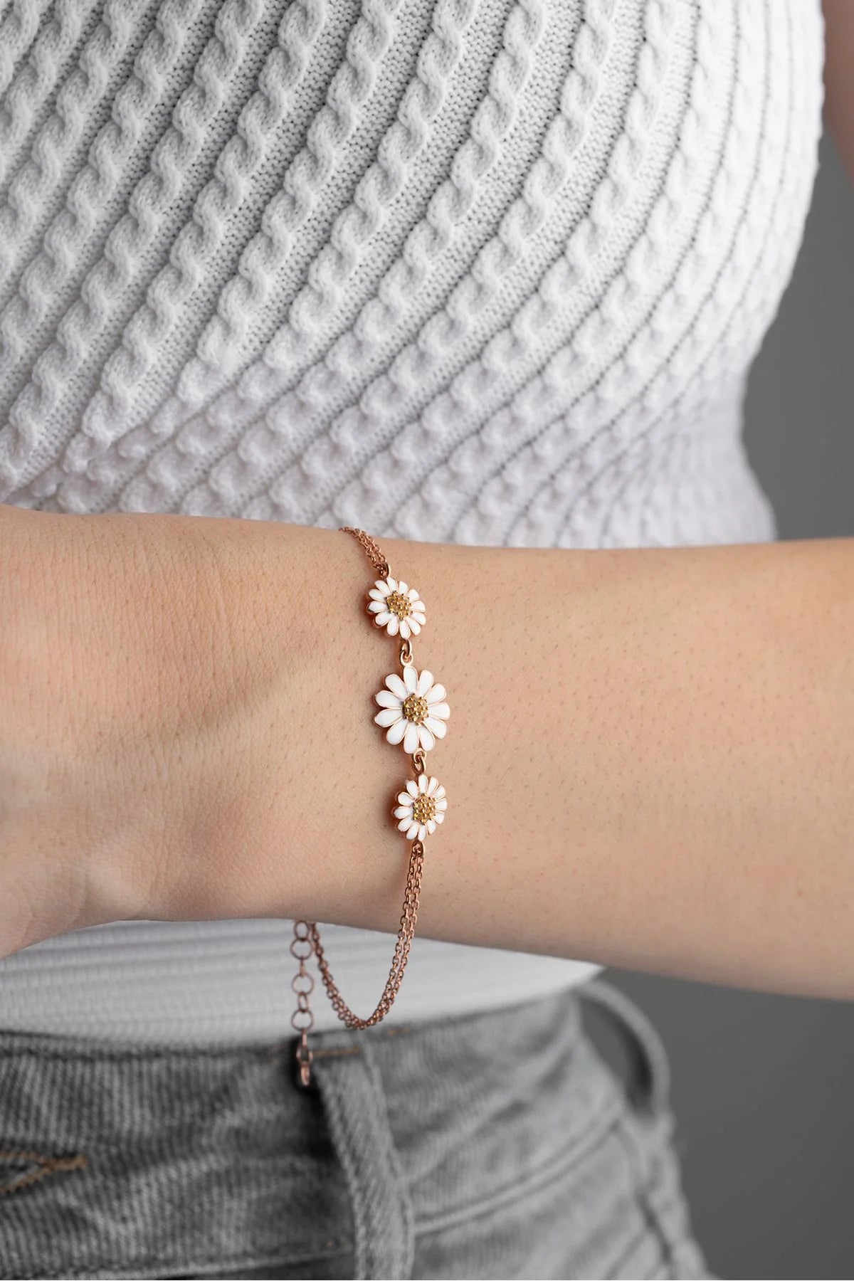 Üçlü Papatya Model 925 Ayar Rose Kaplama Gümüş Bileklik