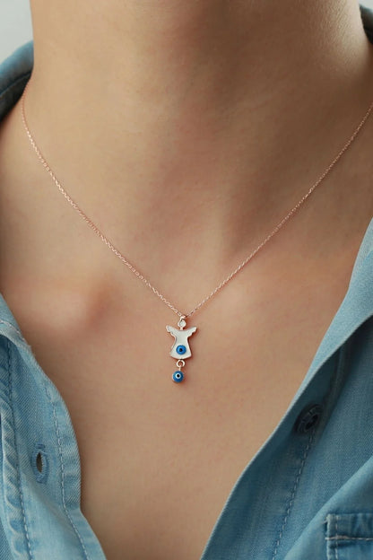 Nazar Boncuklu Melek 925 Ayar Rose Kaplama Gümüş Kolye