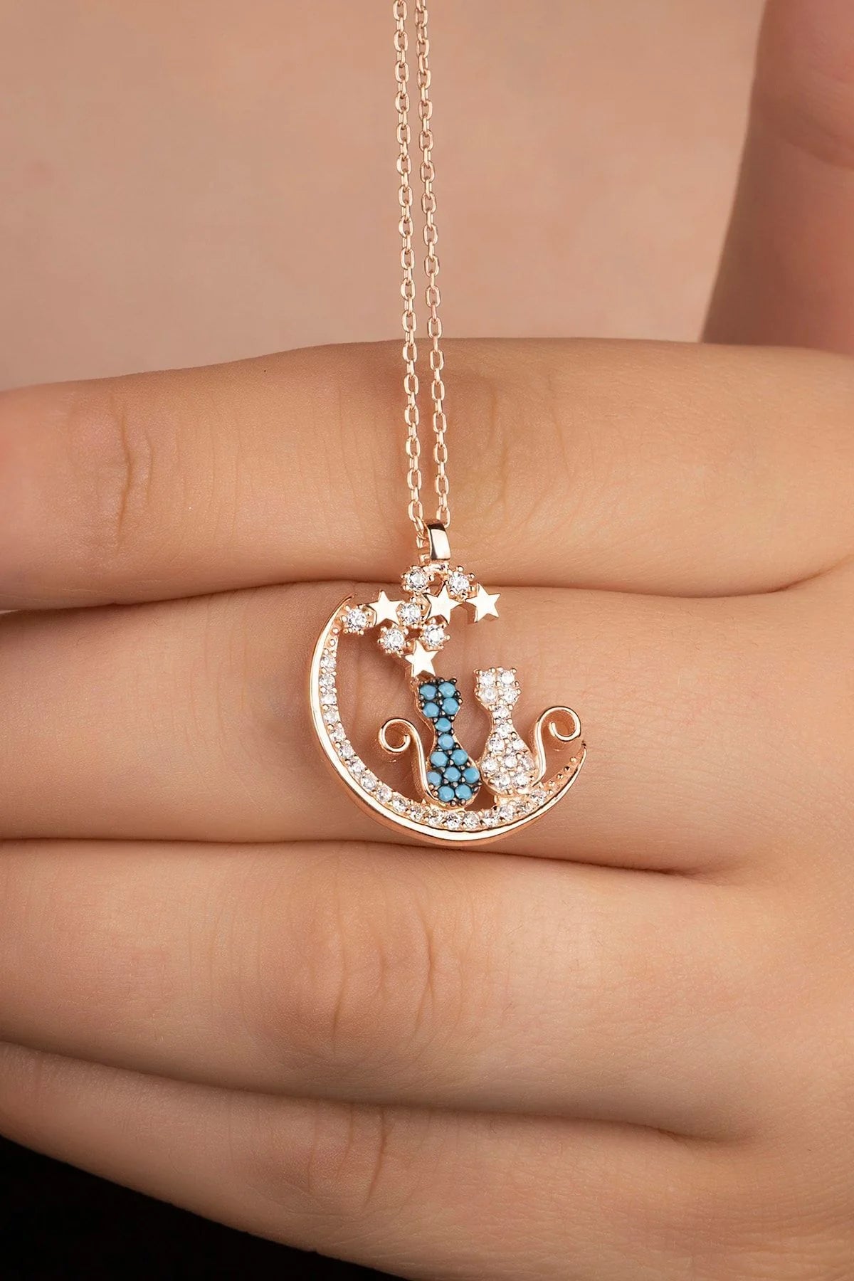 Yıldızlı Kediler 925 Ayar Rose Kaplama Gümüş Kolye