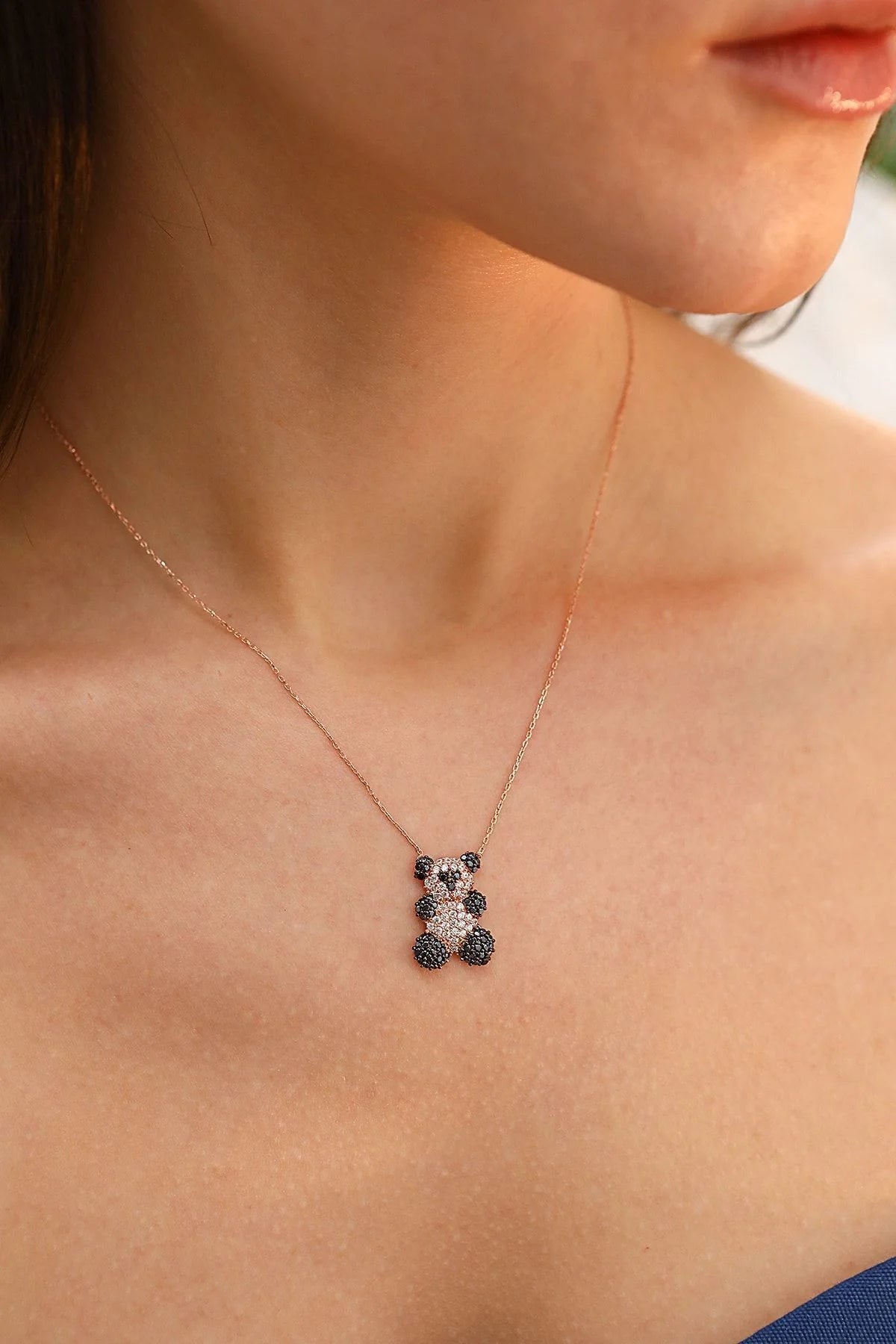 Taşlı Panda 925 Ayar Rose Kaplama Gümüş Kolye