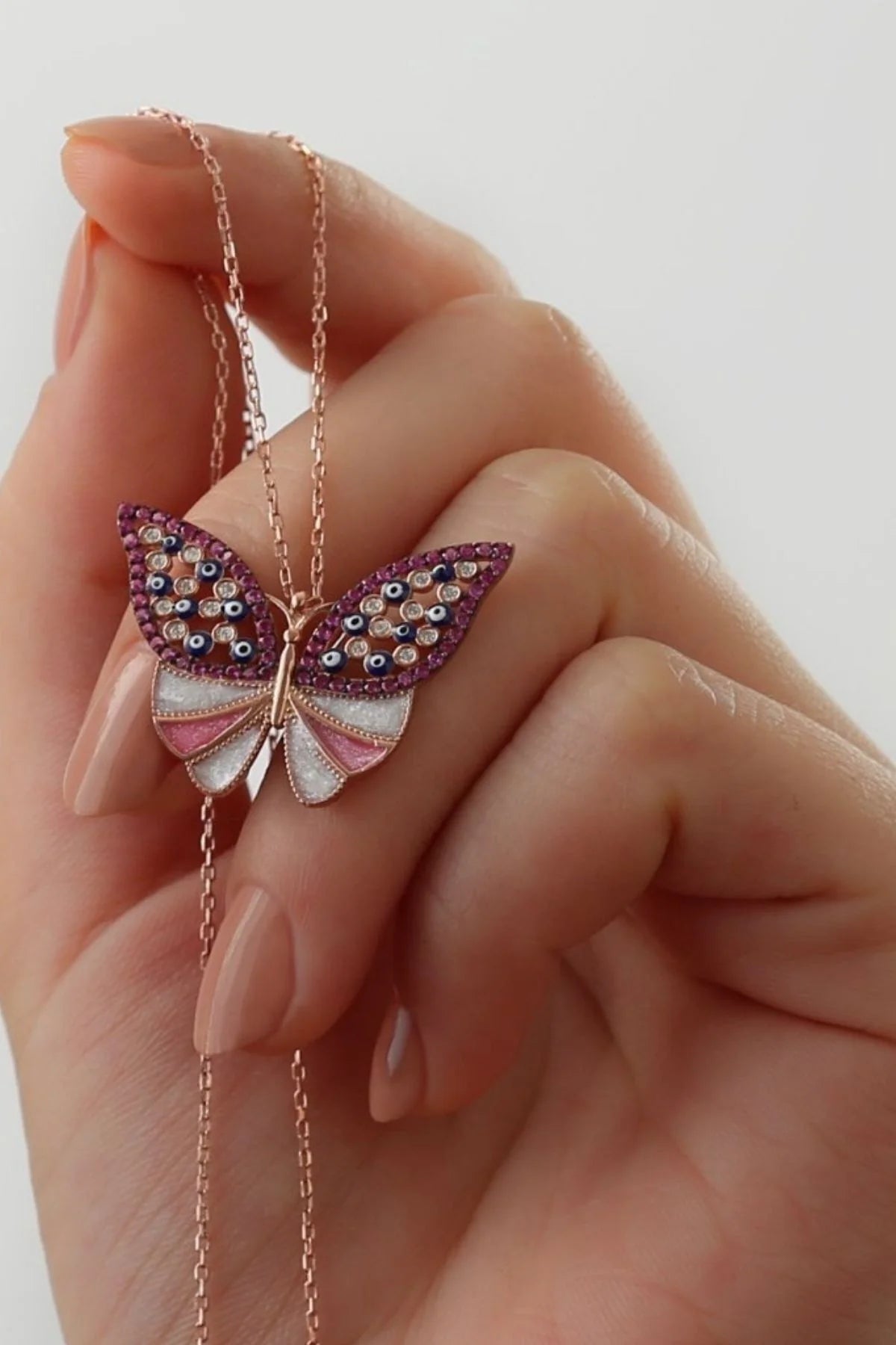 Taşlı Kelebek 925 Ayar Rose Kaplama Gümüş Kolye