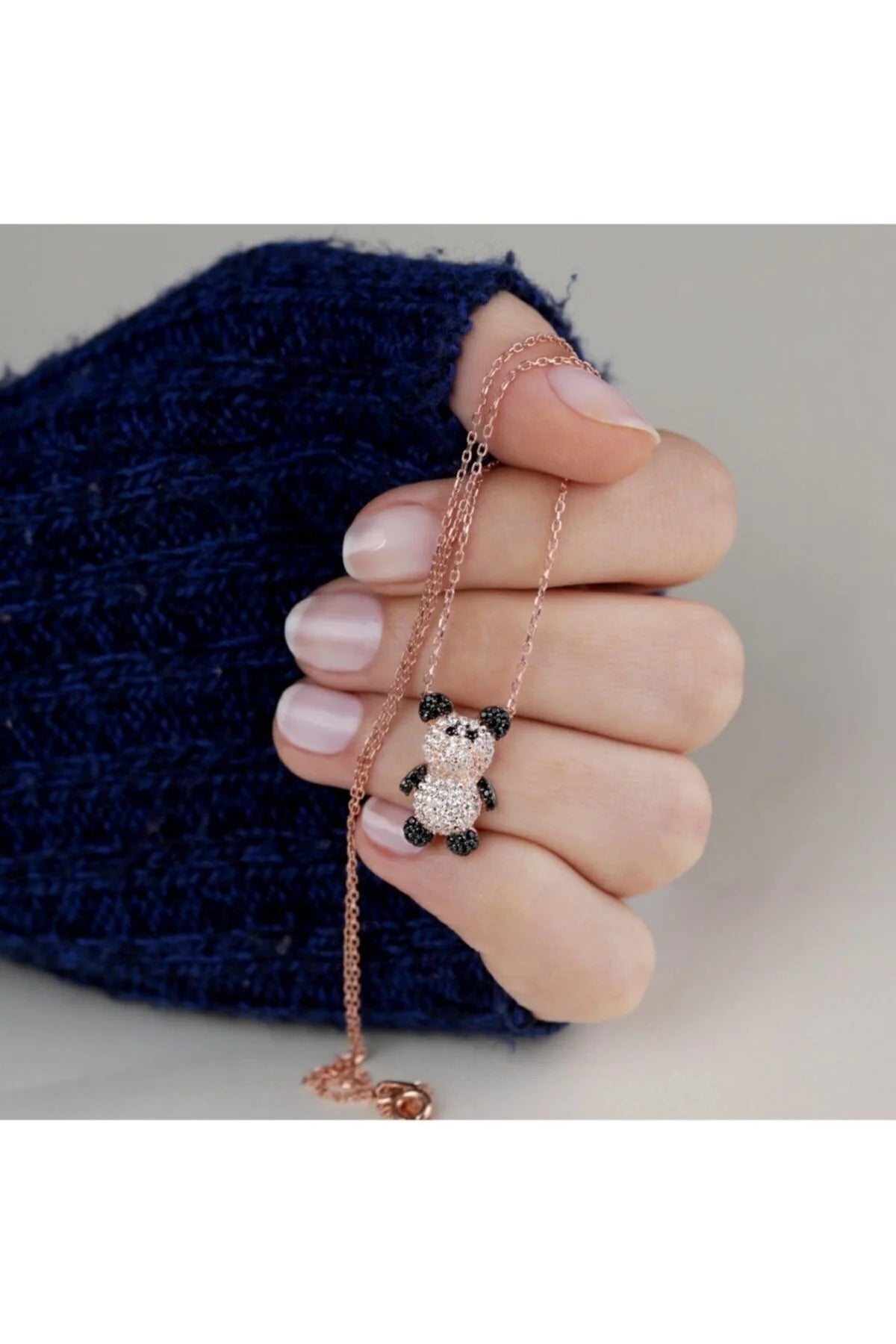 Taşlı Panda 925 Ayar Rose Kaplama Gümüş Kolye