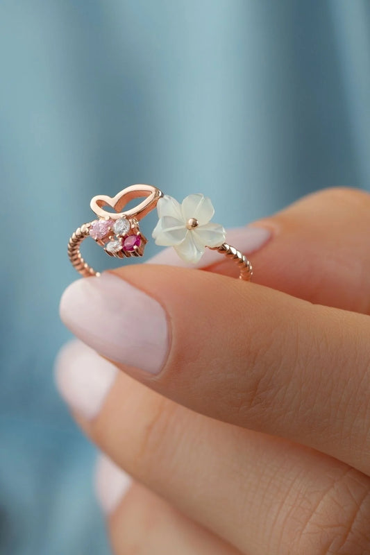 Kelebek Sedefli 925 Ayar Rose Kaplama Gümüş Yüzük