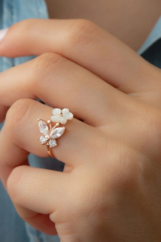 Kelebek Sedefli 925 Ayar Rose Kaplama Gümüş Yüzük – 2