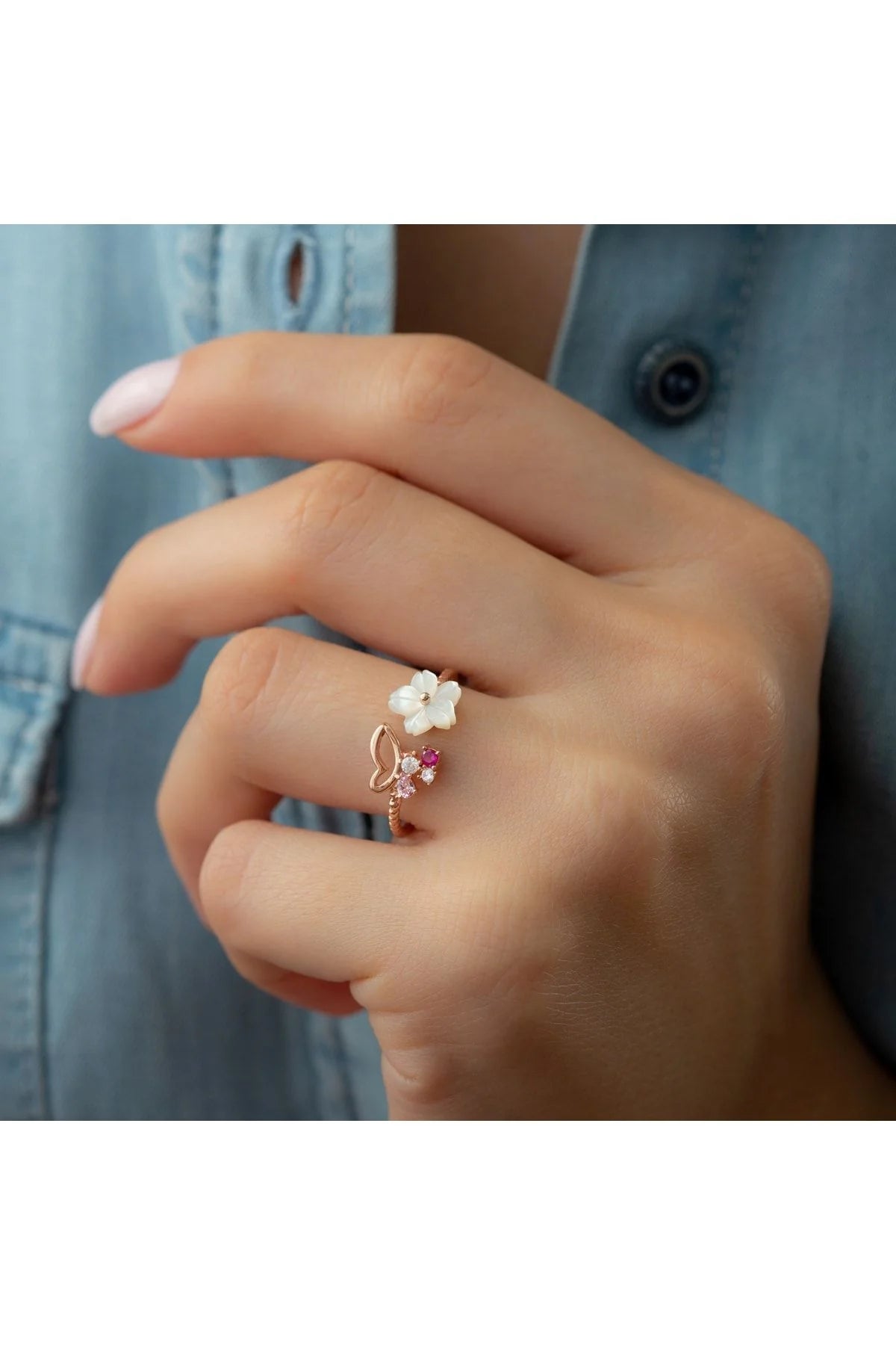 Kelebek Sedefli 925 Ayar Rose Kaplama Gümüş Yüzük