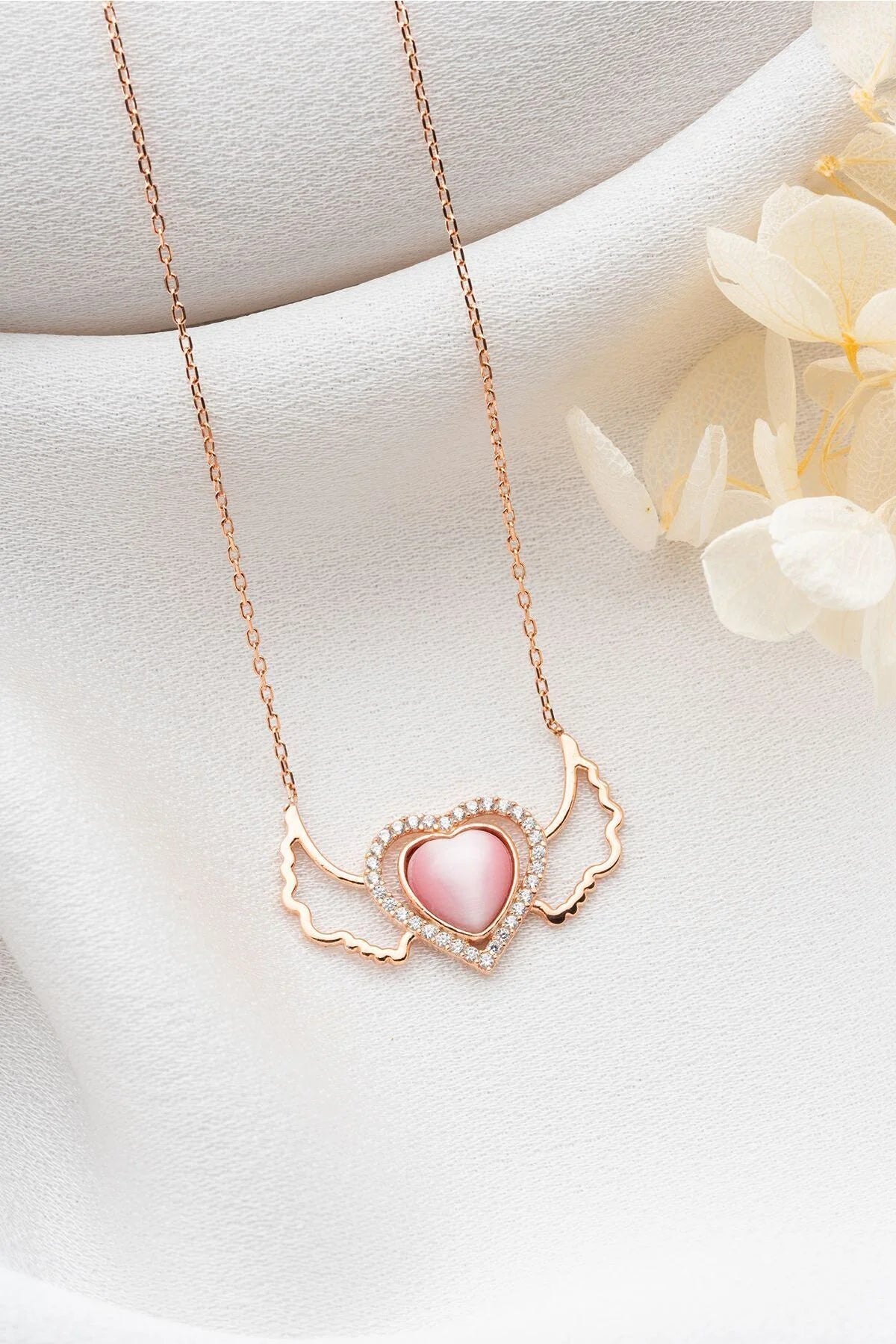 Kanatlı Kalp 925 Ayar Rose Kaplama Gümüş Kolye