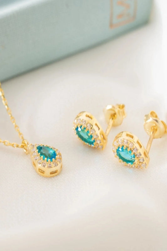 Aralık Ayı Doğum Taşı (Blue Topaz) Damla 925 Ayar Altın Kaplama Gümüş Kolye