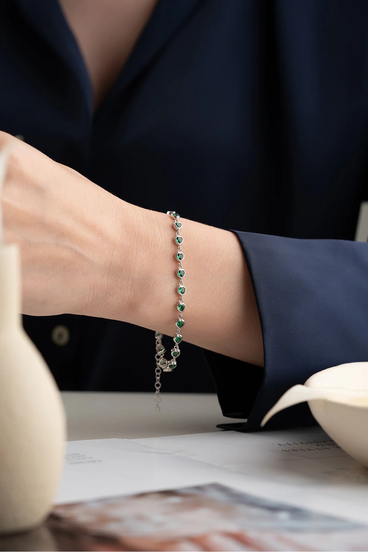 Heart Emerald Water Way 925 K Silver Bracelet