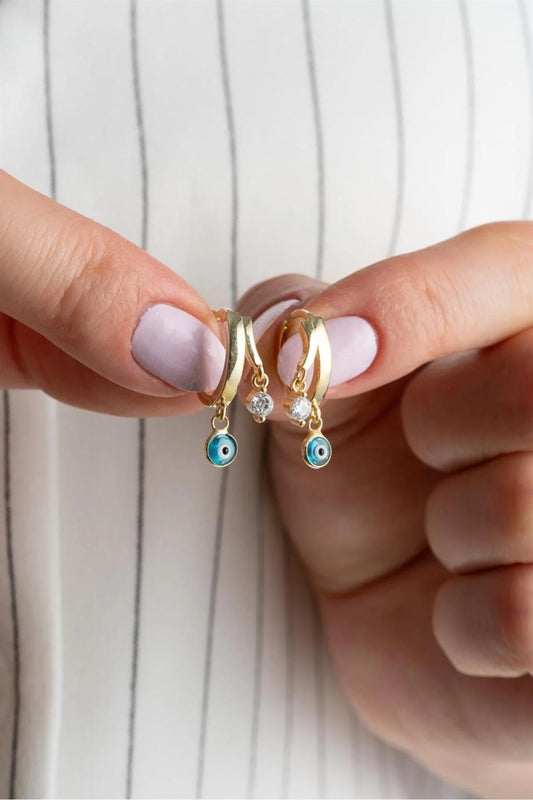 Halka Nazar Göz 925 Ayar Altın Kaplama Gümüş Küpe