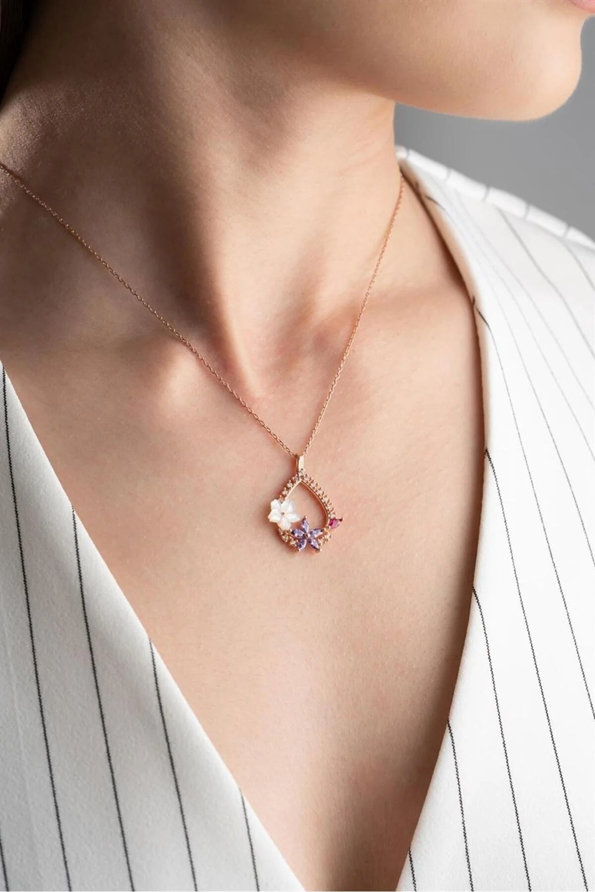 Sedefli Damla 925 Ayar Rose Kaplama Gümüş Kolye