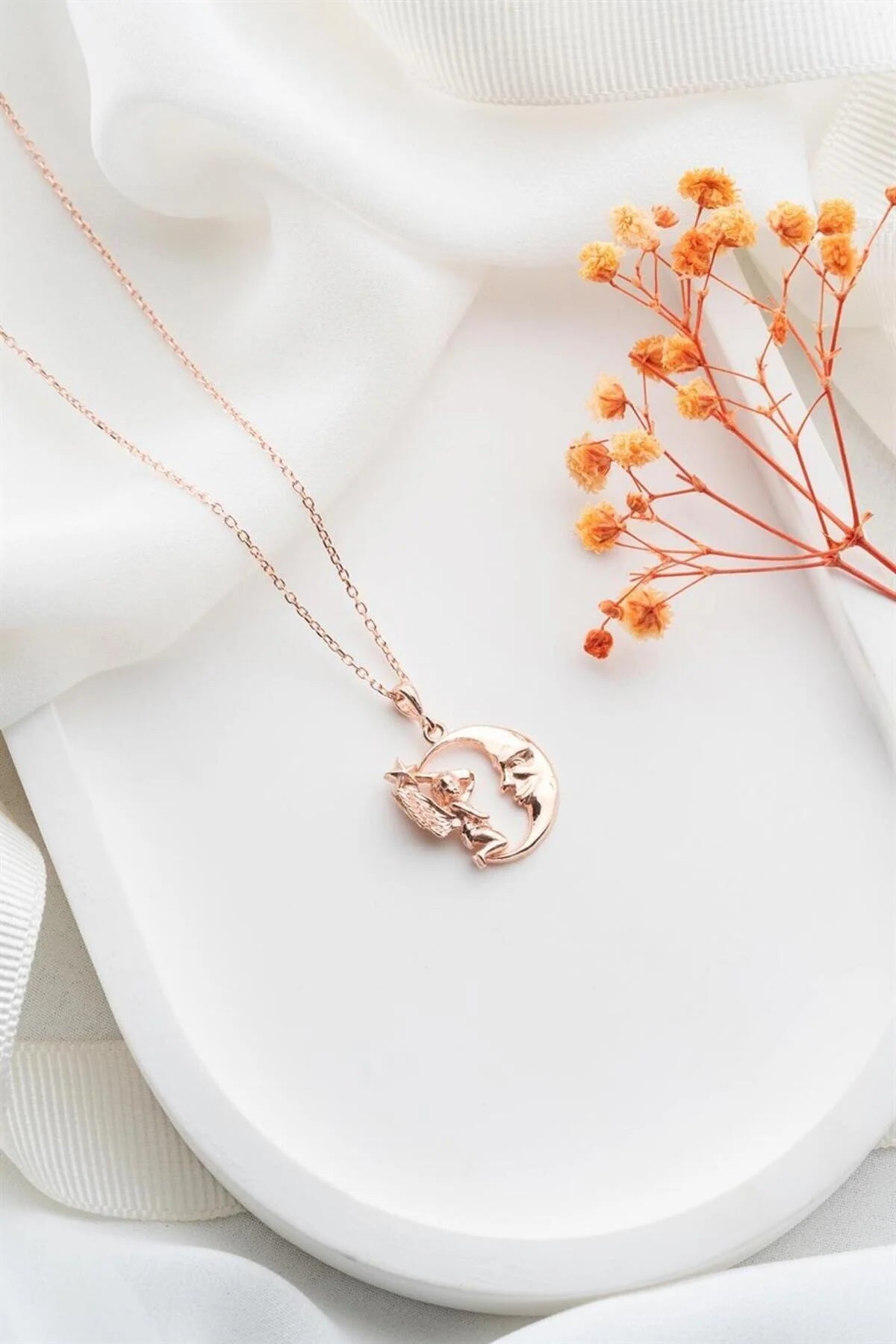Perili Hilal 925 Ayar Rose Kaplama Gümüş Kolye