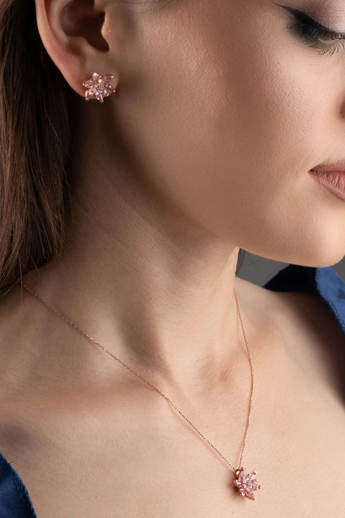 Lotus Çiçeği 925 Ayar Rose Kaplama Gümüş Set