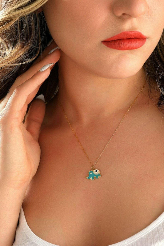 Turkuaz Fil Figürlü Gümüş Nazar Boncuklu Minimal Kolye - ÖzelSen