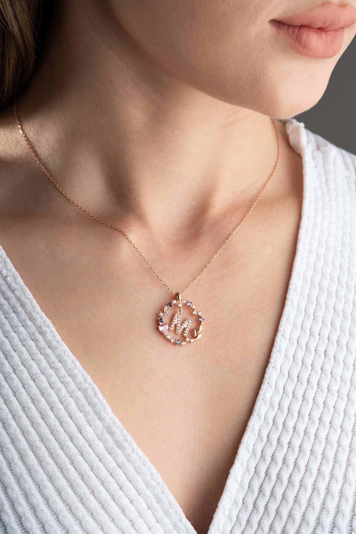 Zirkon Taş Kalpli 925 Ayar Gümüş Harfli Kolye - ÖzelSen