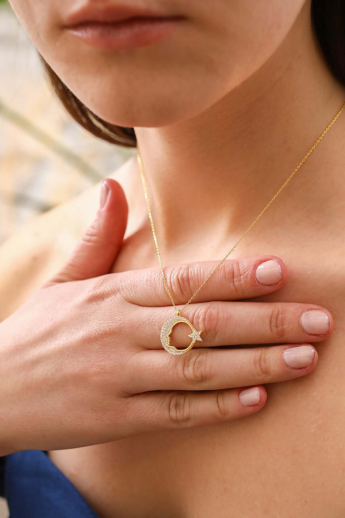 Zirkon Taşlı 925 Ayar Gümüş Ay Yıldız Kolye - ÖzelSen