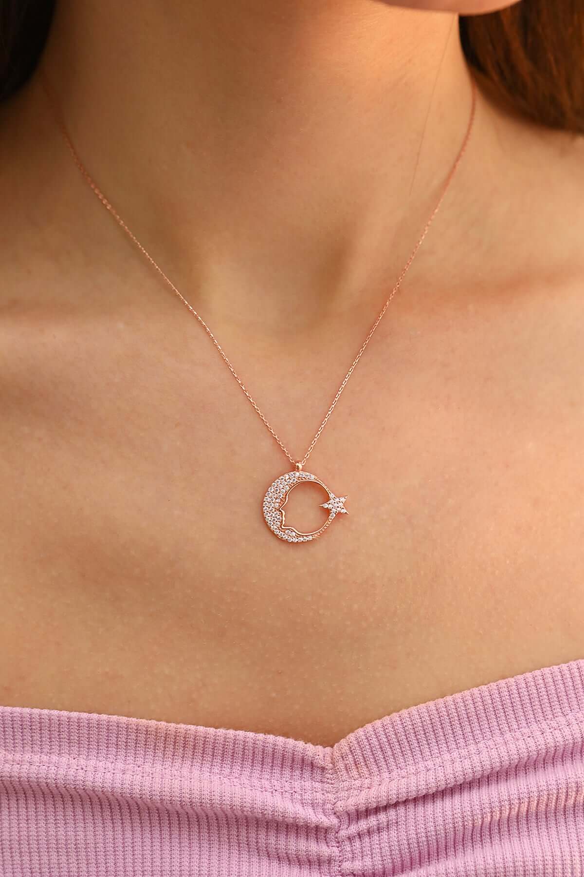 Zirkon Taşlı 925 Ayar Gümüş Ay Yıldız Kolye - ÖzelSen