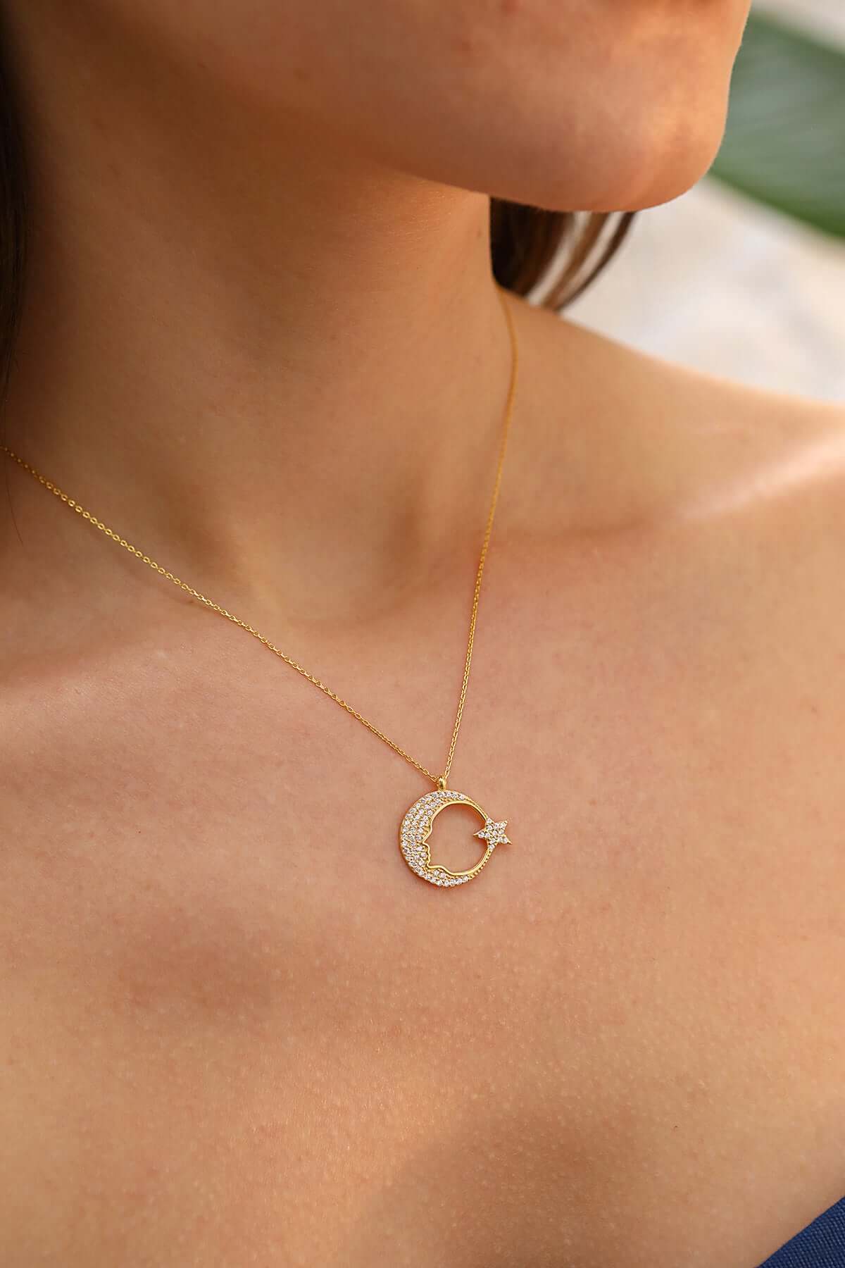 Zirkon Taşlı 925 Ayar Gümüş Ay Yıldız Kolye - ÖzelSen