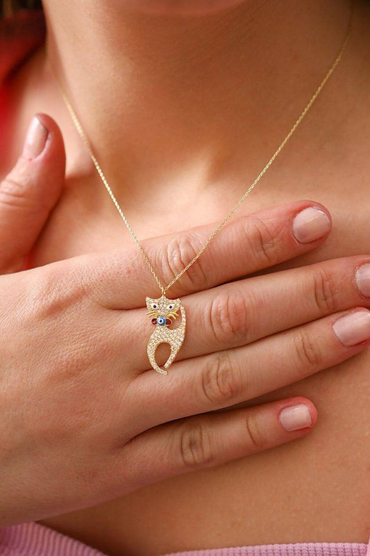 Zirkon Taşlı 925 Ayar Gümüş Kedili Kolye - ÖzelSen