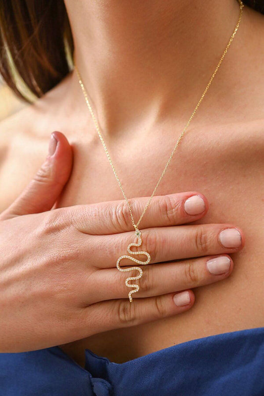 Zirkon Taşlı 925 Ayar Gümüş Yılan Kolye - ÖzelSen